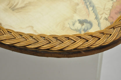 Antique French Victorian Wicker Pheasant Bird Tapestry Oval Bar Serving Tray