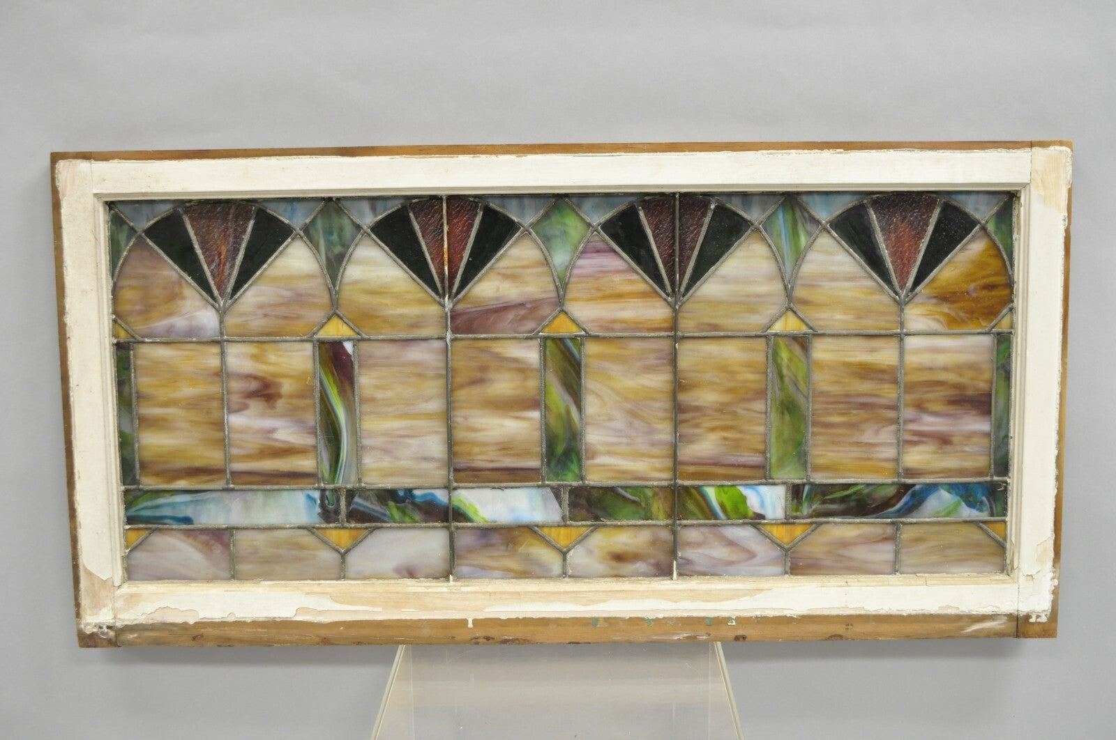 Antique Victorian Stained Leaded Glass Blue Green 24x48 "Fan" Window Transom