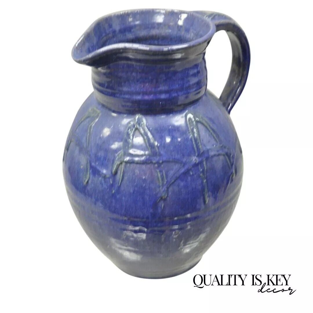 American Primitive Stoneware Blue Glazed Ceramic 11" Pottery Terracotta Jug