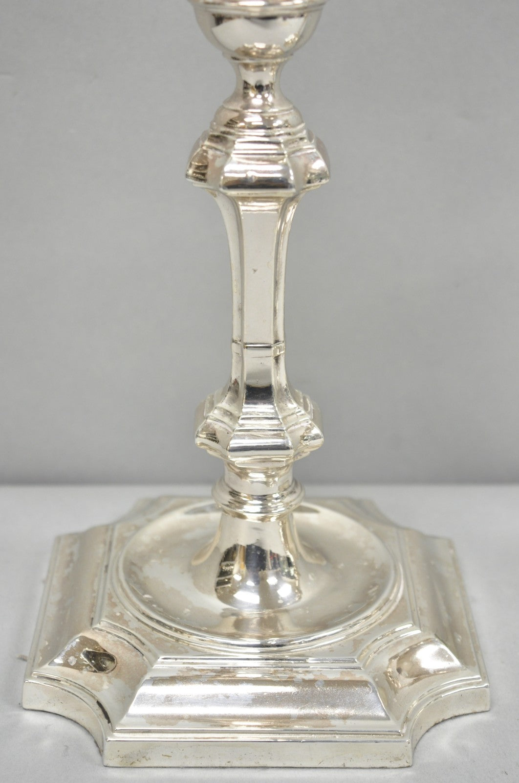 Antique English Regency Silver Plated Footed Candlestick Table Lamps - a Pair