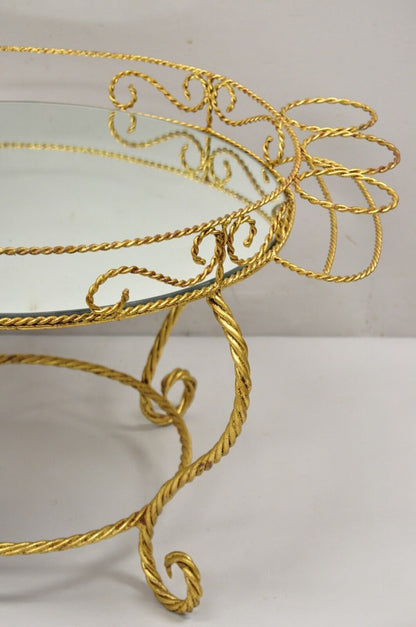 Vtg Italian Hollywood Regency Iron Gold Rope Bar Coffee Table Round Mirror Top