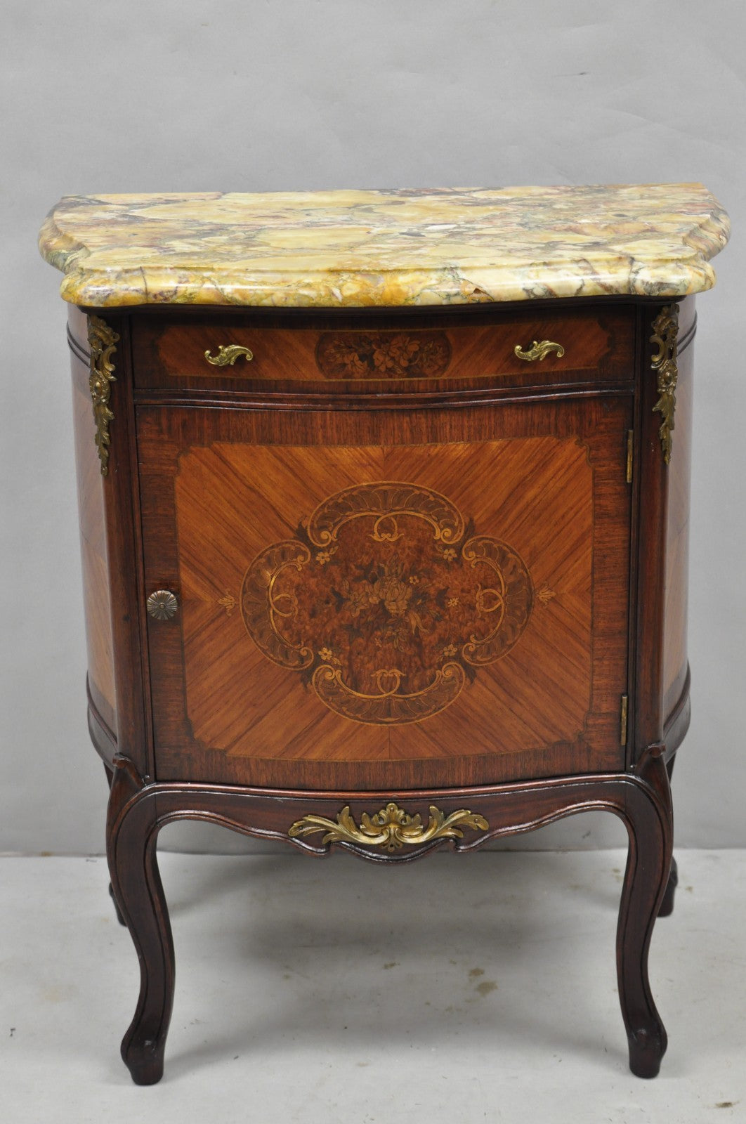 Antique French Louis XV Style Marble Top Satinwood Inlay Bombe Nightstand Table