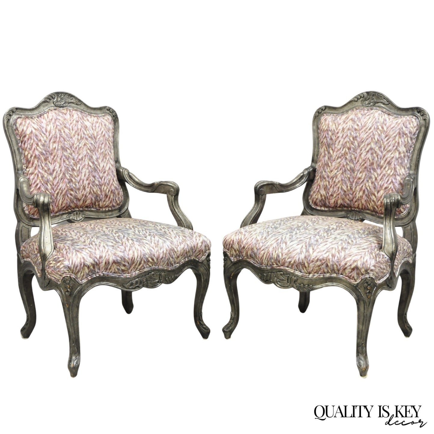 Vintage Italian Baroque Rococo Style Silver Leaf Gilt Lounge Arm Chairs - a Pair