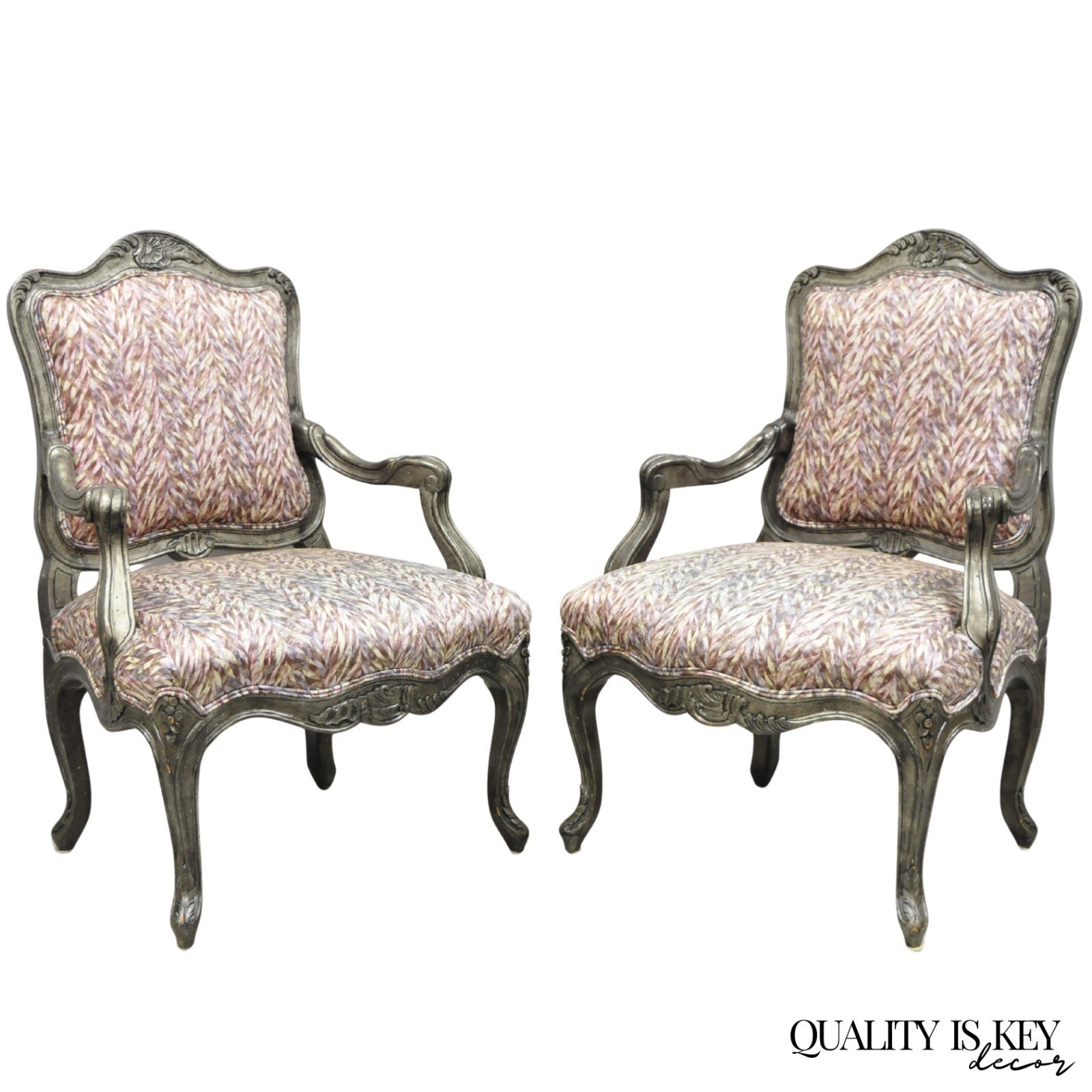 Vintage Italian Baroque Rococo Style Silver Leaf Gilt Lounge Arm Chairs - a Pair