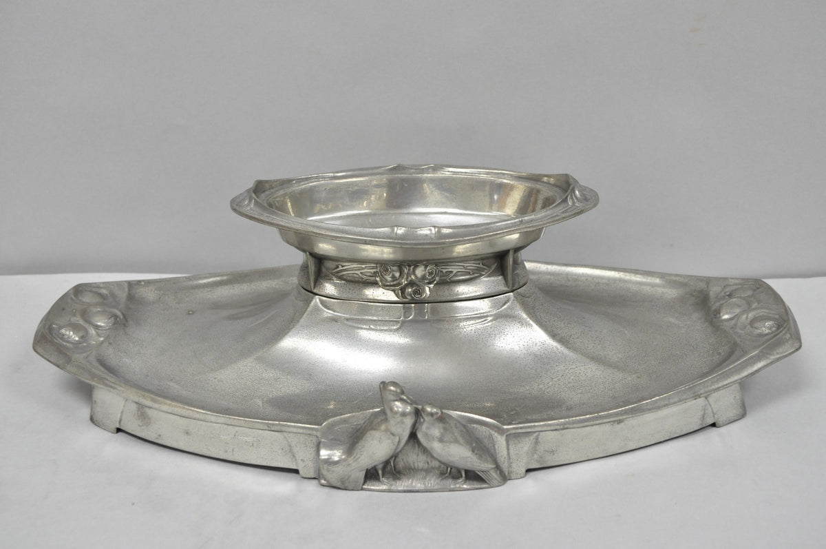 Antique Kayserzinn 4640 German Art Nouveau Pewter Metal Serving Platter w Birds