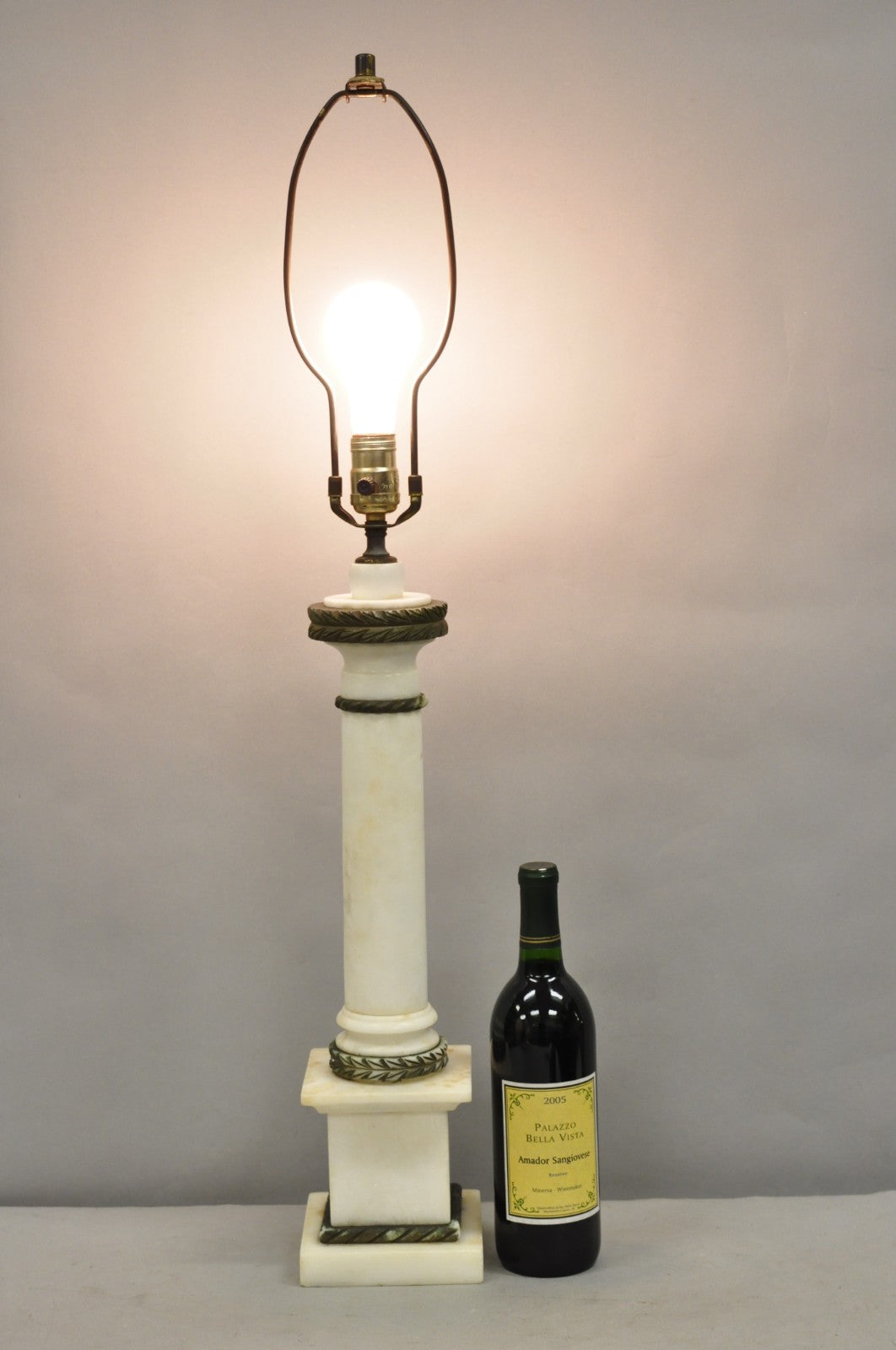 Antique Italian Classical White Carved Marble Empire Column Table Lamp