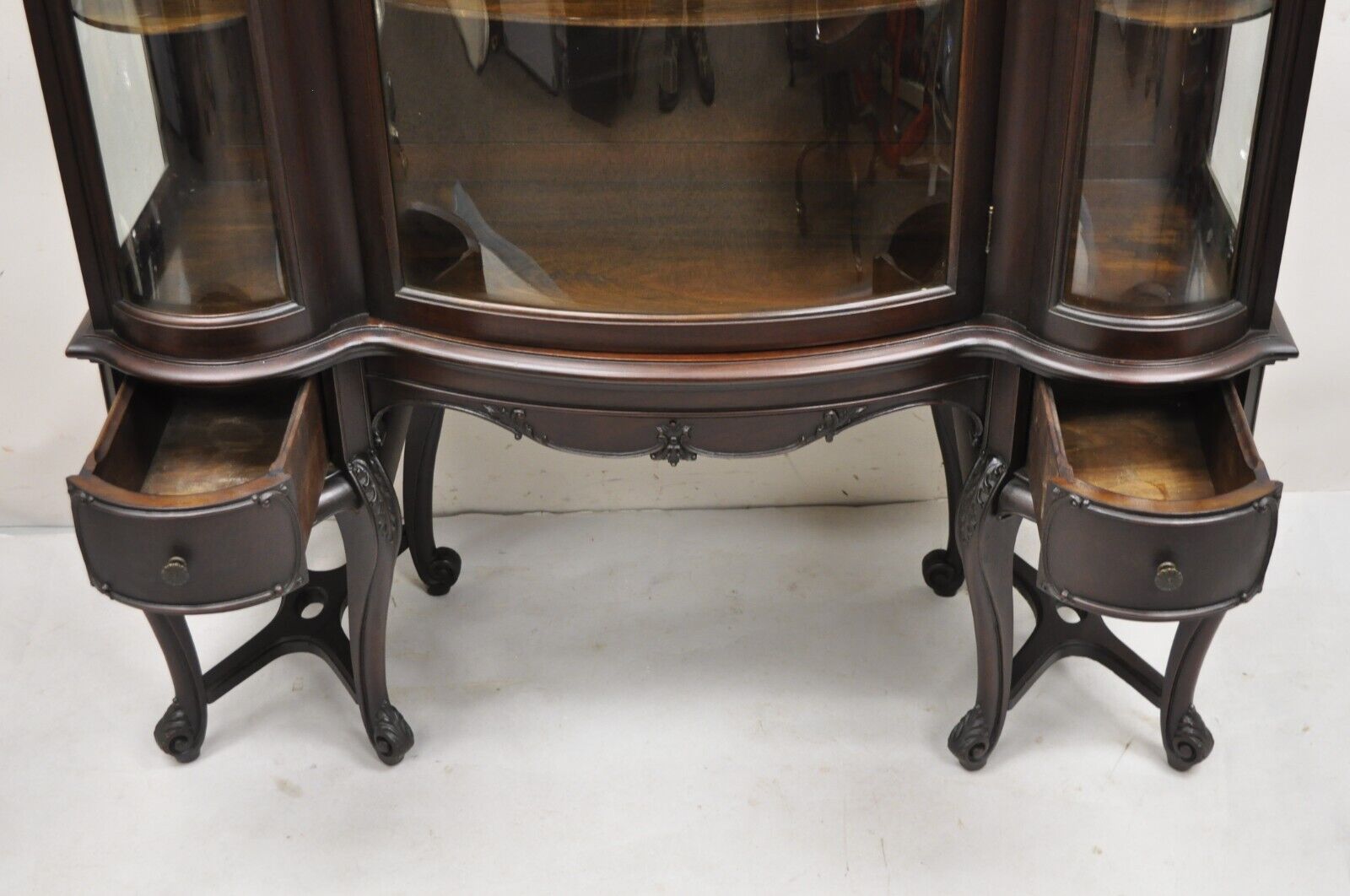 Antique French Renaissance Dark Walnut Triple Bowed Glass China Cabinet