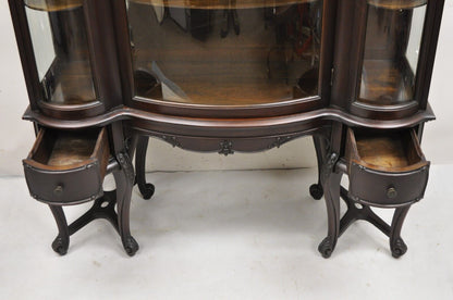 Antique French Renaissance Dark Walnut Triple Bowed Glass China Cabinet