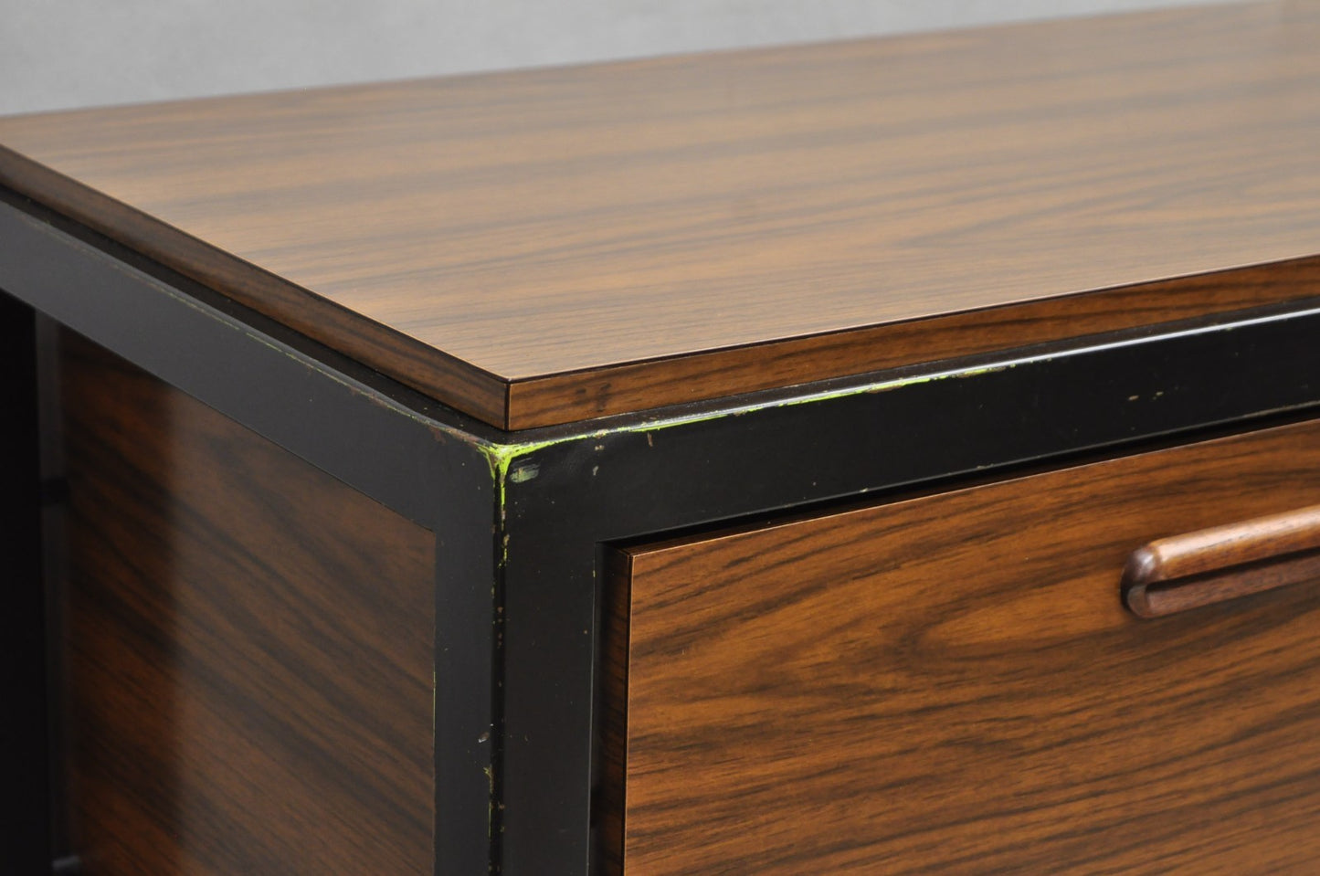 Vintage Mid Century Modern Faux Rosewood Laminate Steel Metal Credenza Cabinet