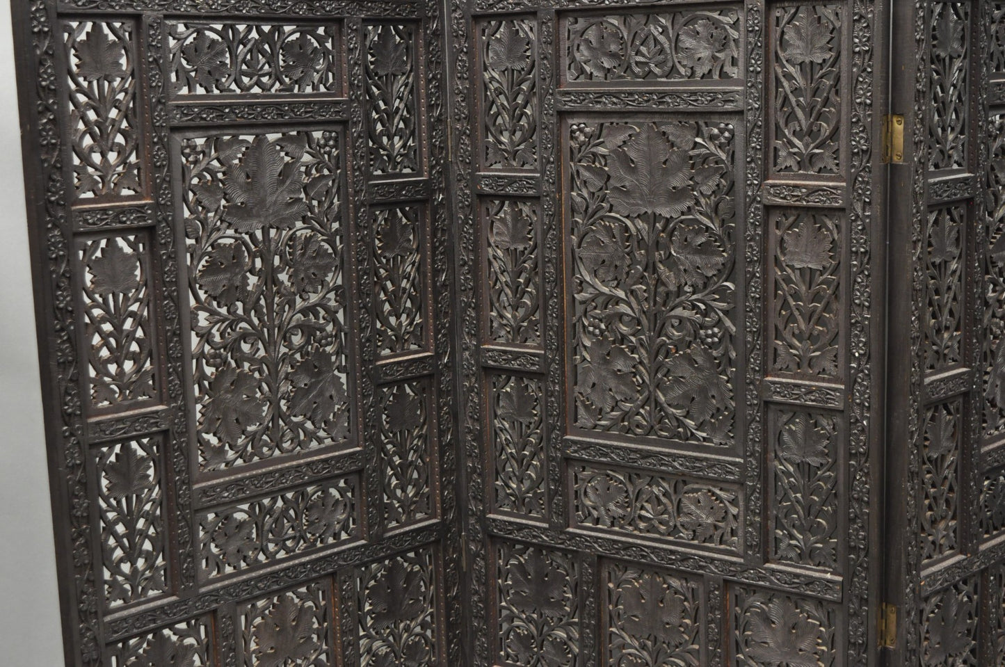 Vintage Anglo Indian Carved Teak Wood 4 Panel Room Divider Folding Screen