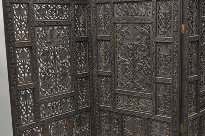Vintage Anglo Indian Carved Teak Wood 4 Panel Room Divider Folding Screen