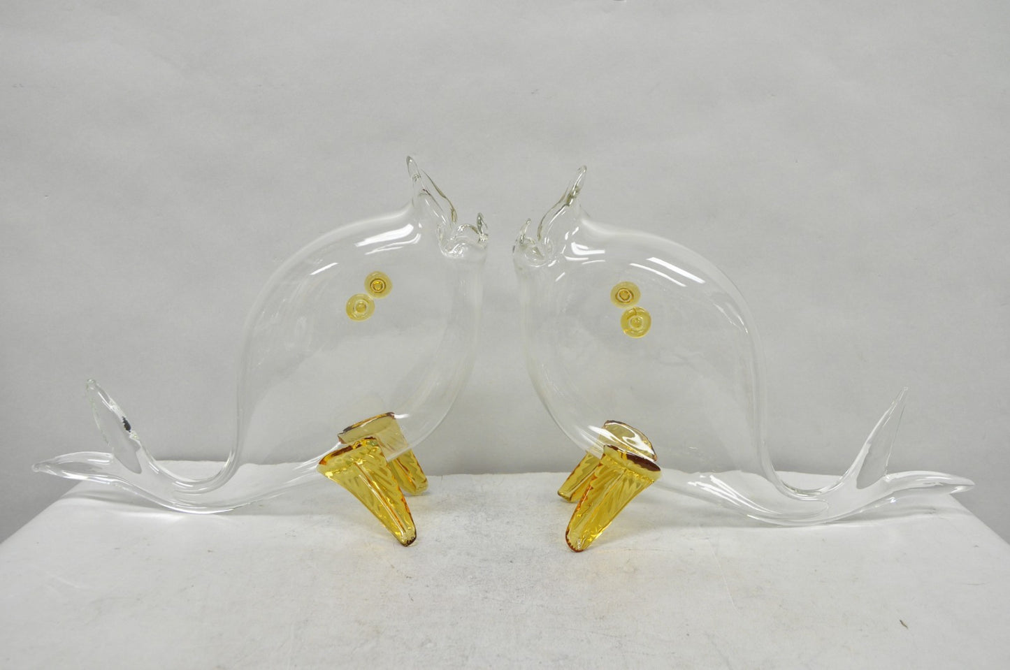 Vintage Mid Century Modern Blenko Style Amber Fin Blown Glass Fish Vase Bowl