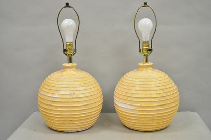 Vintage Mid Century Modern Lacquered Fiberglass Round Beehive Table Lamps - Pair