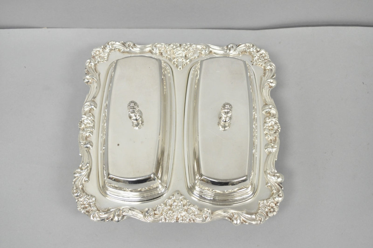 Vintage Poole Lancaster Rose Victorian Silver Plated Twin Double Butter Dish (B)