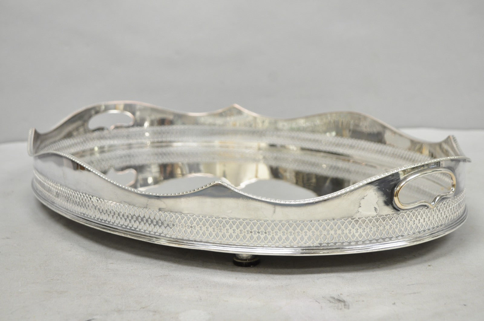 Antique English Edwardian Silver Plated Scalloped Oval Butlers Serving Bar Tray