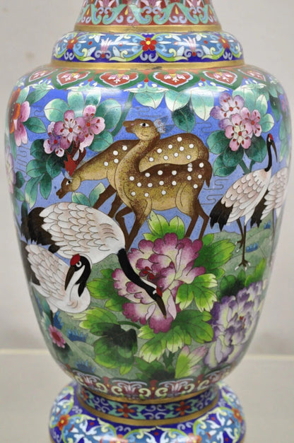 Vintage Chinese Cloisonné Porcelain Enamel Figural Crane and Deer Vase - a Pair