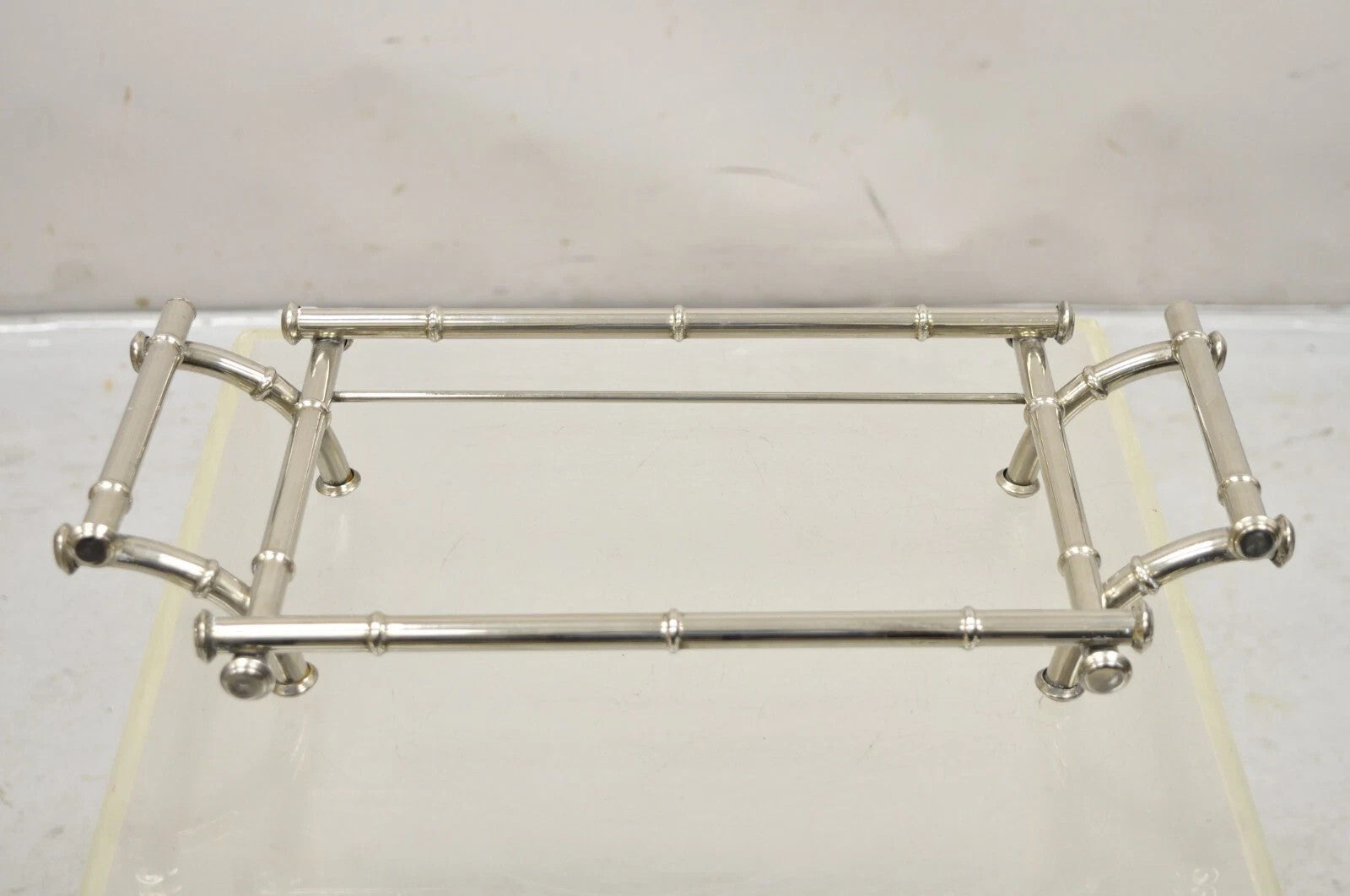 Vtg Italian Hollywood Regency Faux Bamboo Silver Plated Serving Platter Stand