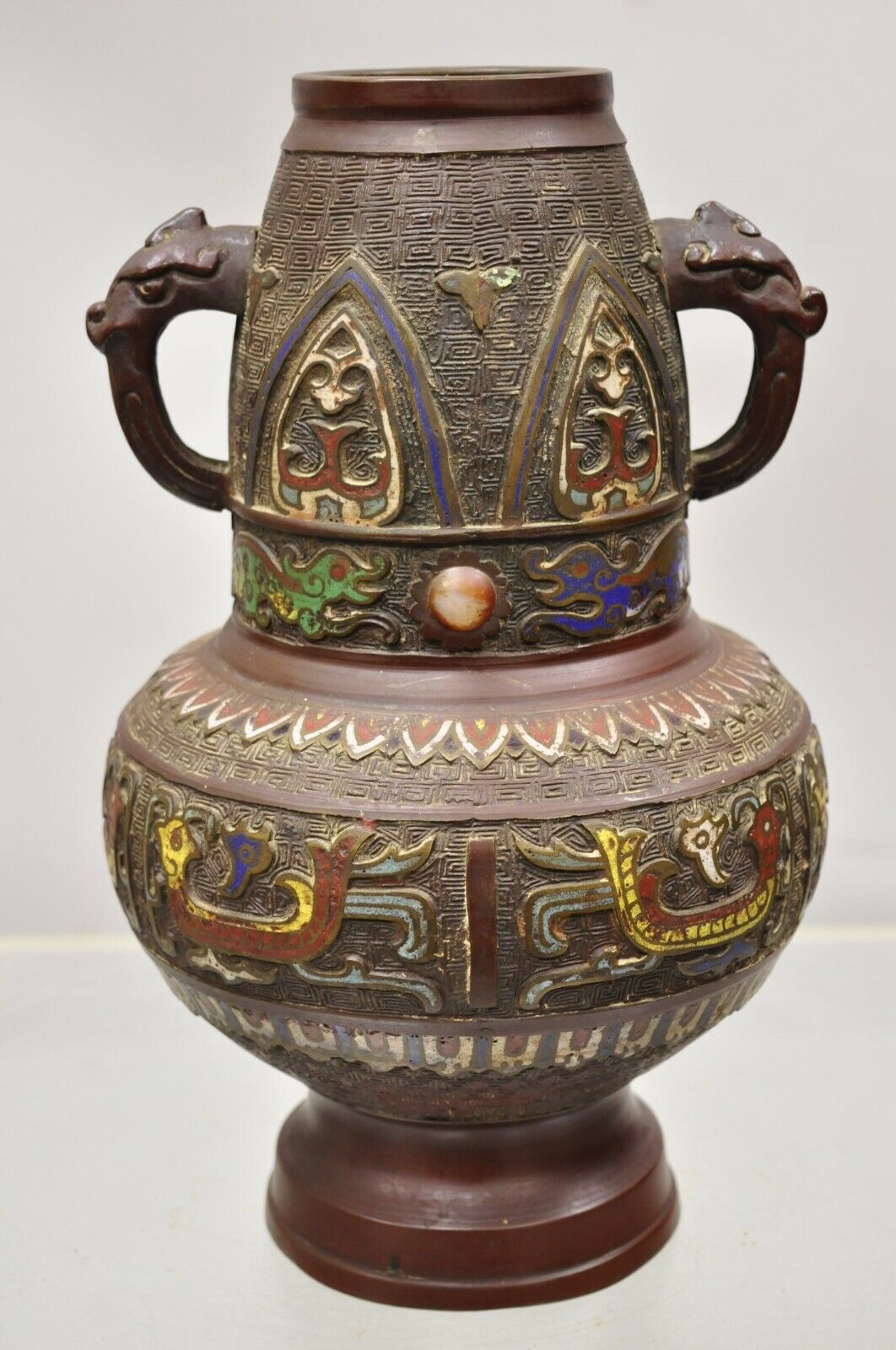 Antique Japanese Champleve Cloisonne Bronze Twin Handle 12" Vase