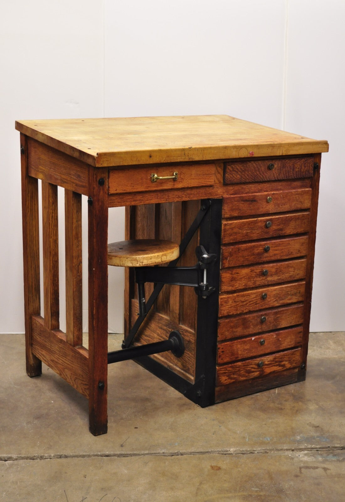 Antique Arts & Crafts Oak Jewelers Workbench Desk Drafting Table w/ Swivel Stool