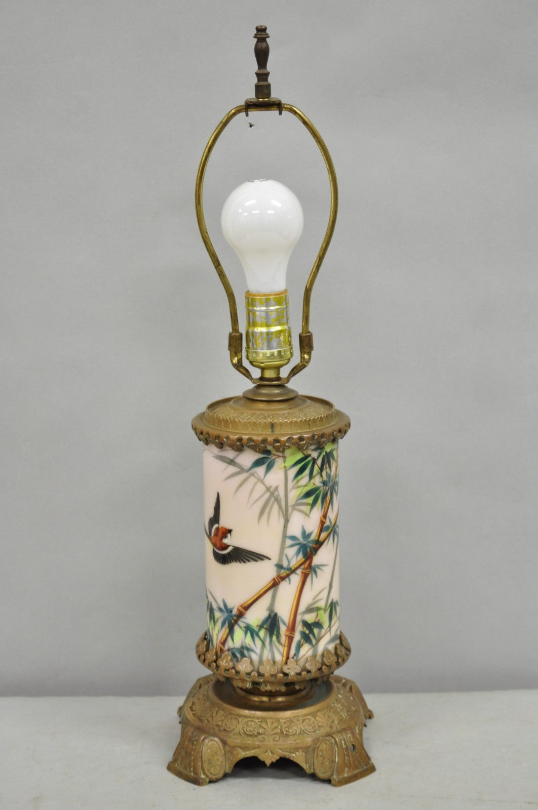 Art Nouveau Converted Oil Lamp Glass Cylinder Bird Painted Bronze Table Lamp