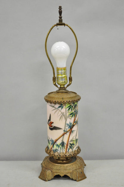 Art Nouveau Converted Oil Lamp Glass Cylinder Bird Painted Bronze Table Lamp