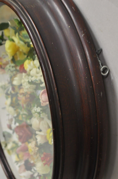 Antique Victorian Wax Floral Mourning Wreath Oval Mahogany Shadow Box Oddity