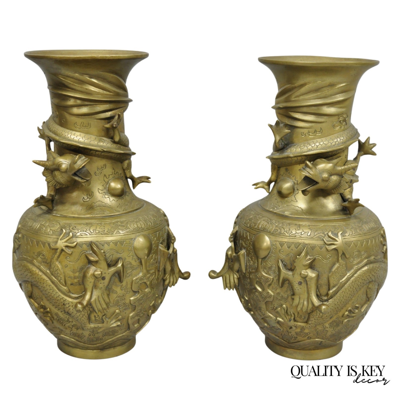 Vintage Japanese Dragon Relief Bronze Chinese 10" Oriental Flower Vase - a Pair