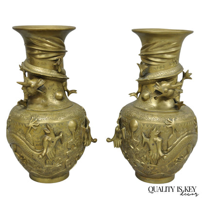 Vintage Japanese Dragon Relief Bronze Chinese 10" Oriental Flower Vase - a Pair