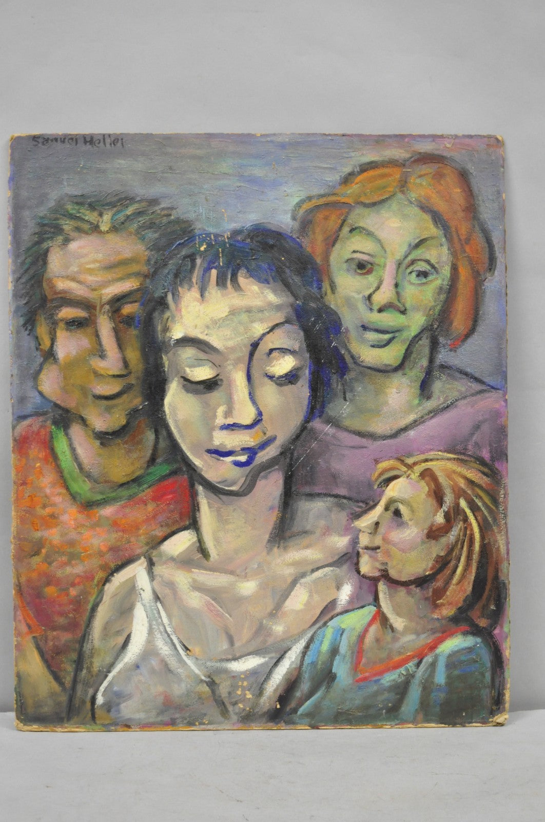Vintage Samuel Heller "Family Portrait w/ Child B" Oil on Board Painting Signed