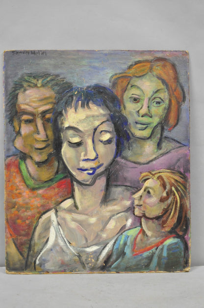 Vintage Samuel Heller "Family Portrait w/ Child B" Oil on Board Painting Signed