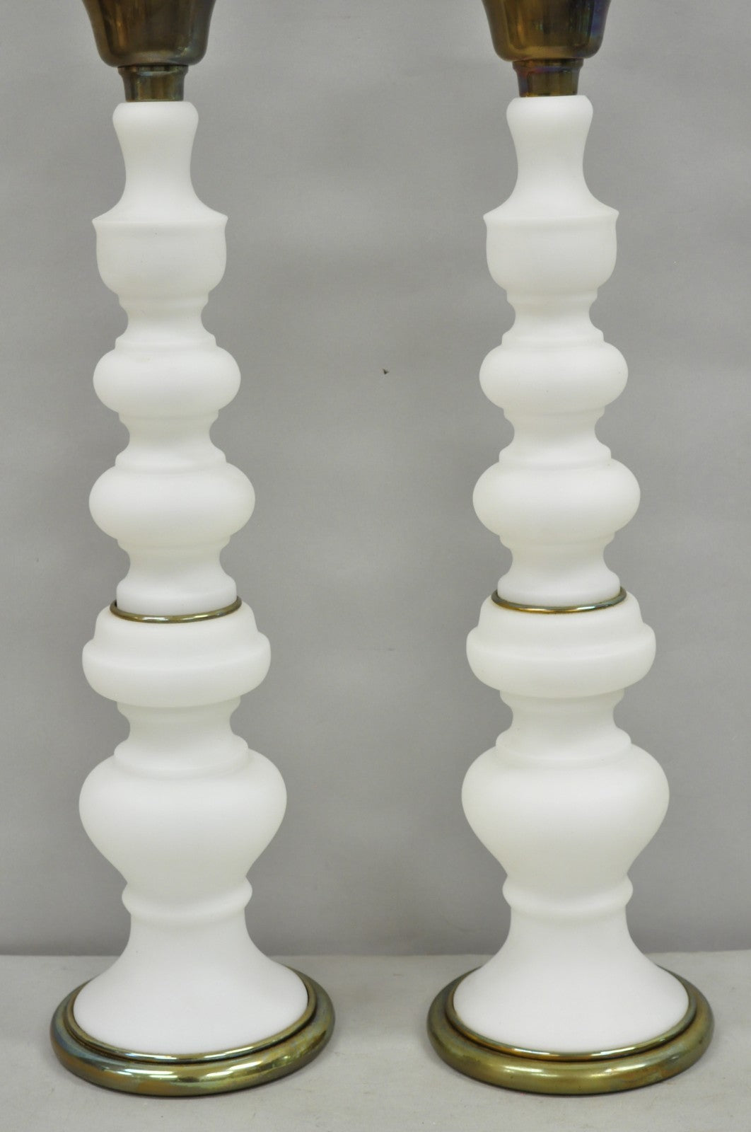 Vintage MCM Tommi Parzinger Style Tall White Frosted Glass Table Lamps - a Pair