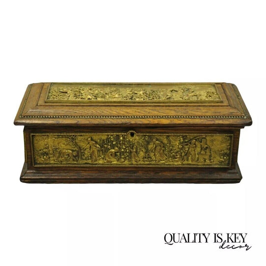 Antique E. Schutzmarke Oak Wood Figural Bronze Relief Jewelry Box Casket