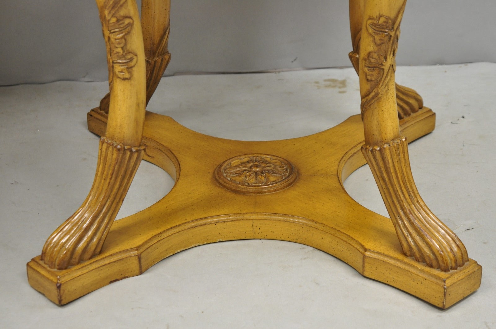 Vintage Italian Regency Round Leather Top Greek Key Carved Side Tables - a Pair