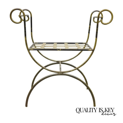 Vintage Neoclassical Style Wrought Iron Curule Savonarola X-Form Bench Chair