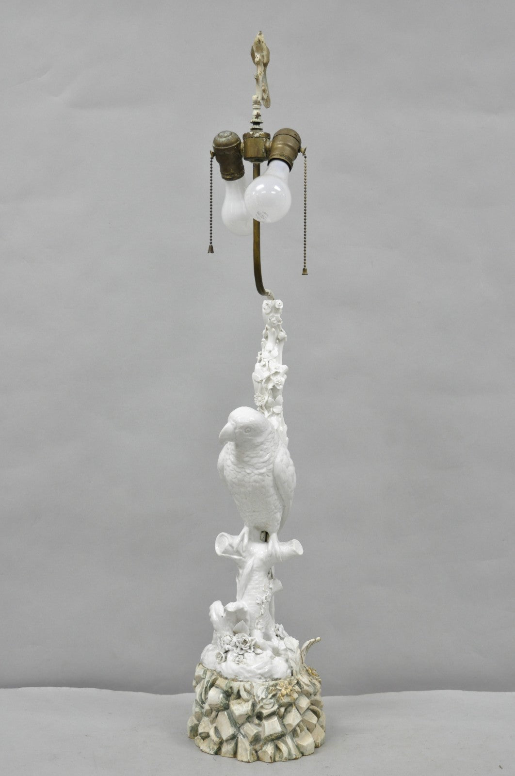 Antique Italian Blanc de Chine White Porcelain Perched Parrot Bird Table Lamp