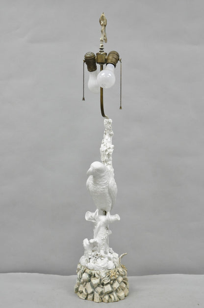 Antique Italian Blanc de Chine White Porcelain Perched Parrot Bird Table Lamp