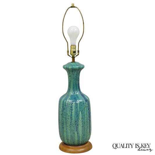 Vintage Mid Century Modern Turquoise Blue Ceramic Drip Glazed Pottery Table Lamp
