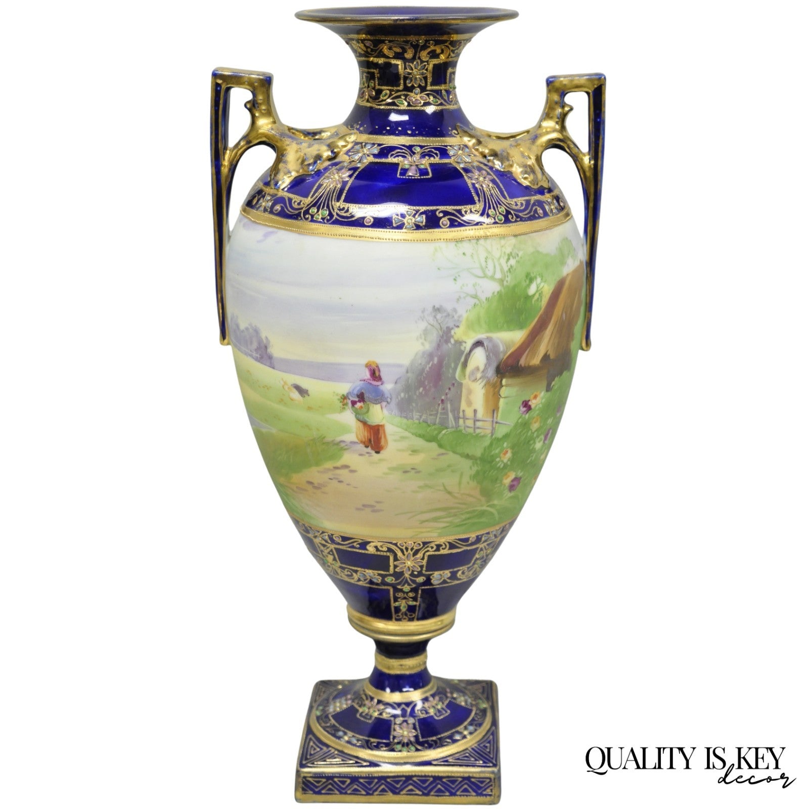Antique Nippon Hand Painted Cobalt Blue Porcelain Twin Handle Bolted Urn Vase