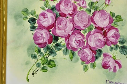 Mary Wilson French Hand Painted Porcelain Plaque Pink Rose Flower Painting (A)
