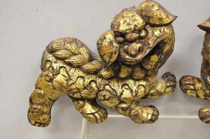 Vintage Chinoiserie Carved Wood Gold Gilt 12" Chinese Foo Dog Figures - a Pair
