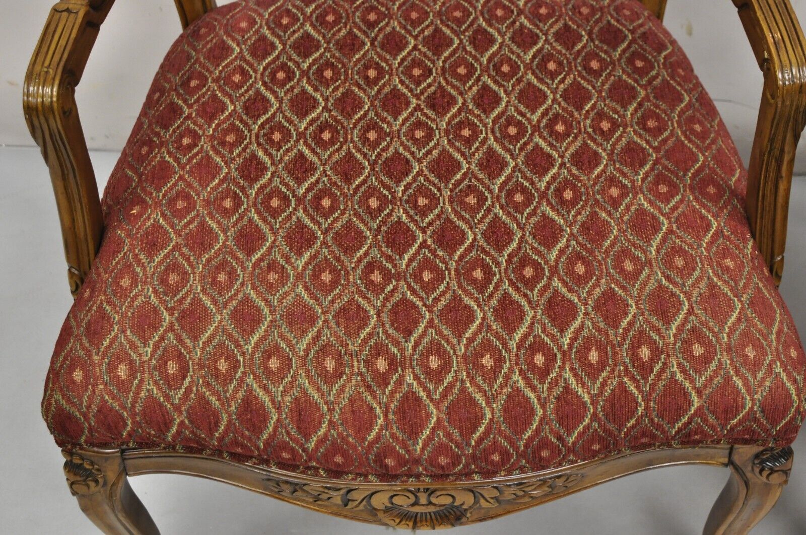 French Country Style Shell Carved Wood Burgundy Upholstered Lounge Chairs - Pair