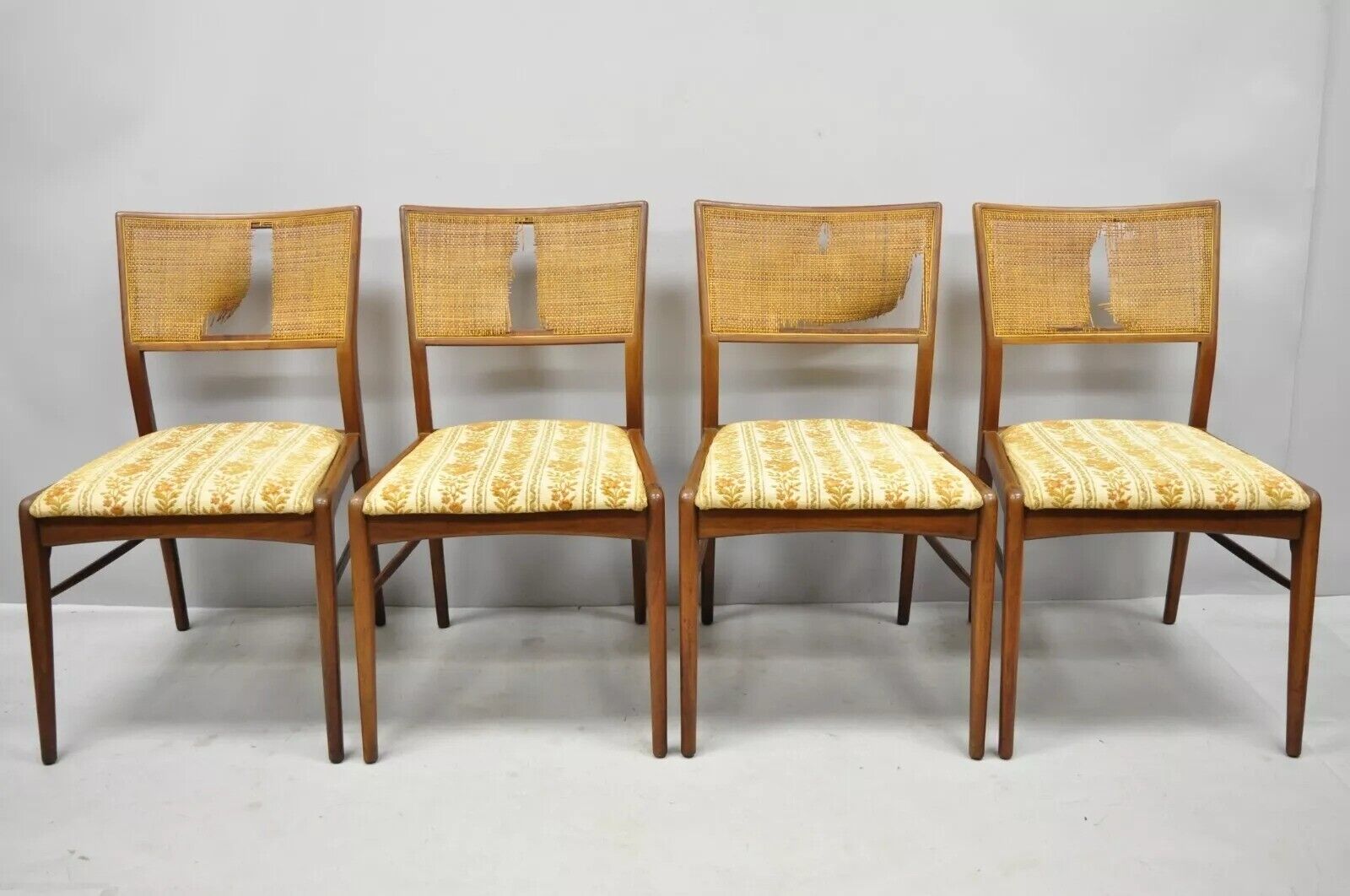 Vintage Mid Century Modern Paul McCobb Style Walnut Cane Dining Chairs - Set 4