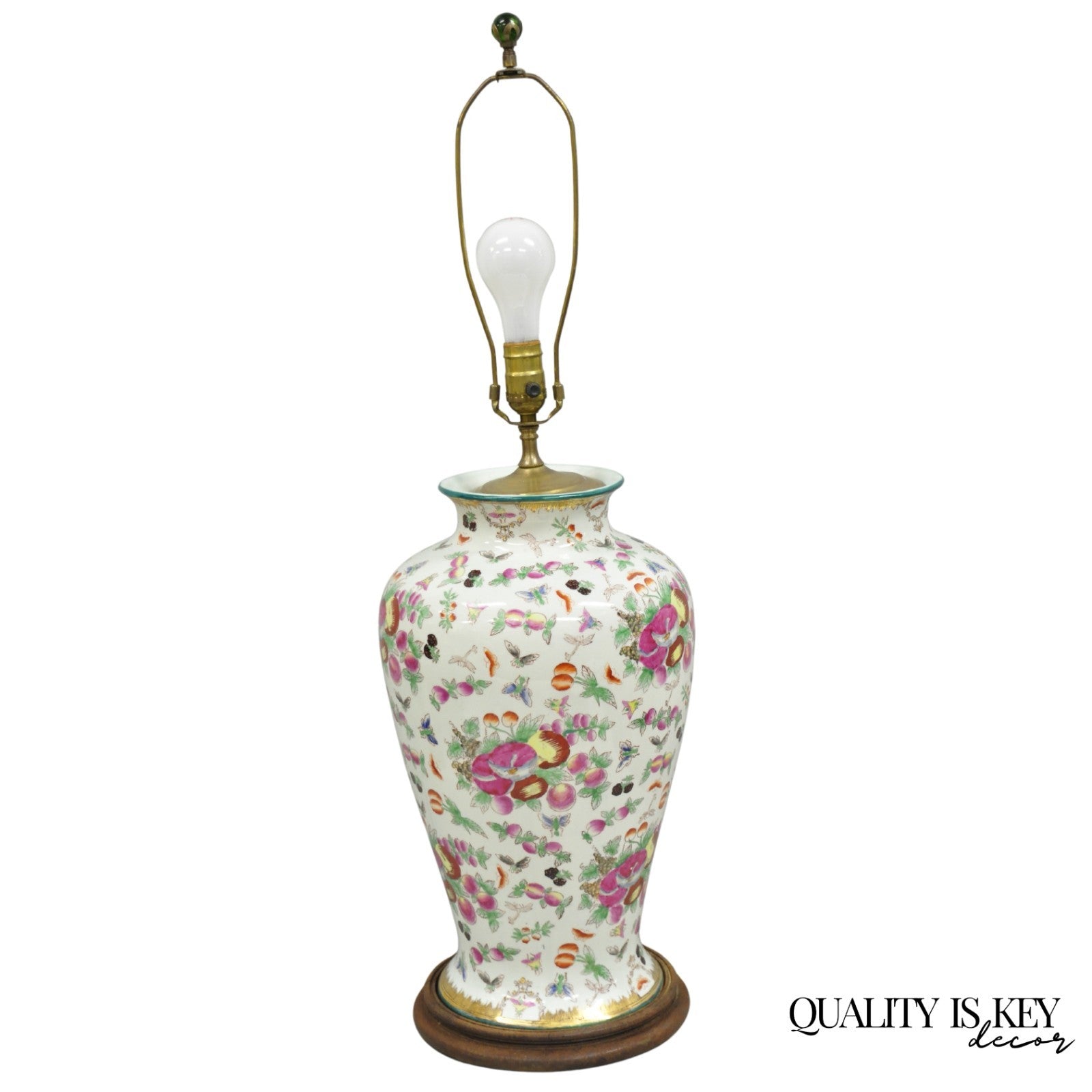 Vintage Chinoiserie Porcelain Jardinière Pink Flower Painted Large Table Lamp