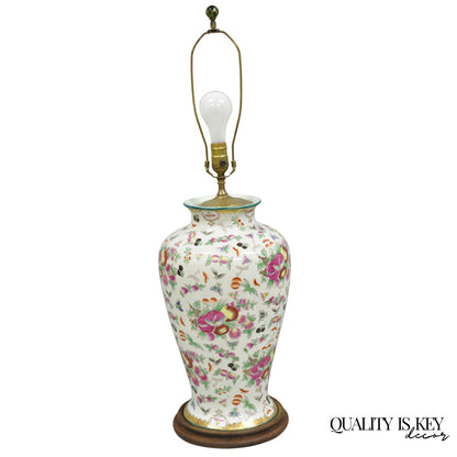 Vintage Chinoiserie Porcelain Jardinière Pink Flower Painted Large Table Lamp