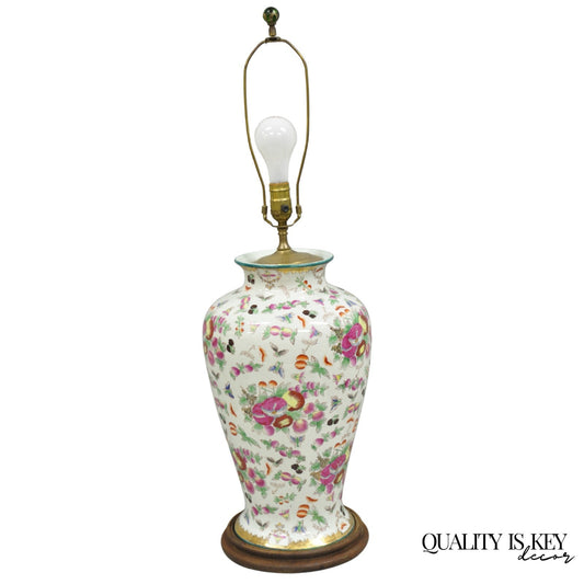 Vintage Chinoiserie Porcelain Jardinière Pink Flower Painted Large Table Lamp