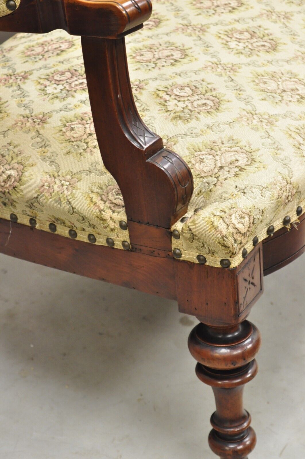 Antique Eastlake Victorian Carved Walnut Floral Upholstered Parlor Sofa Loveseat
