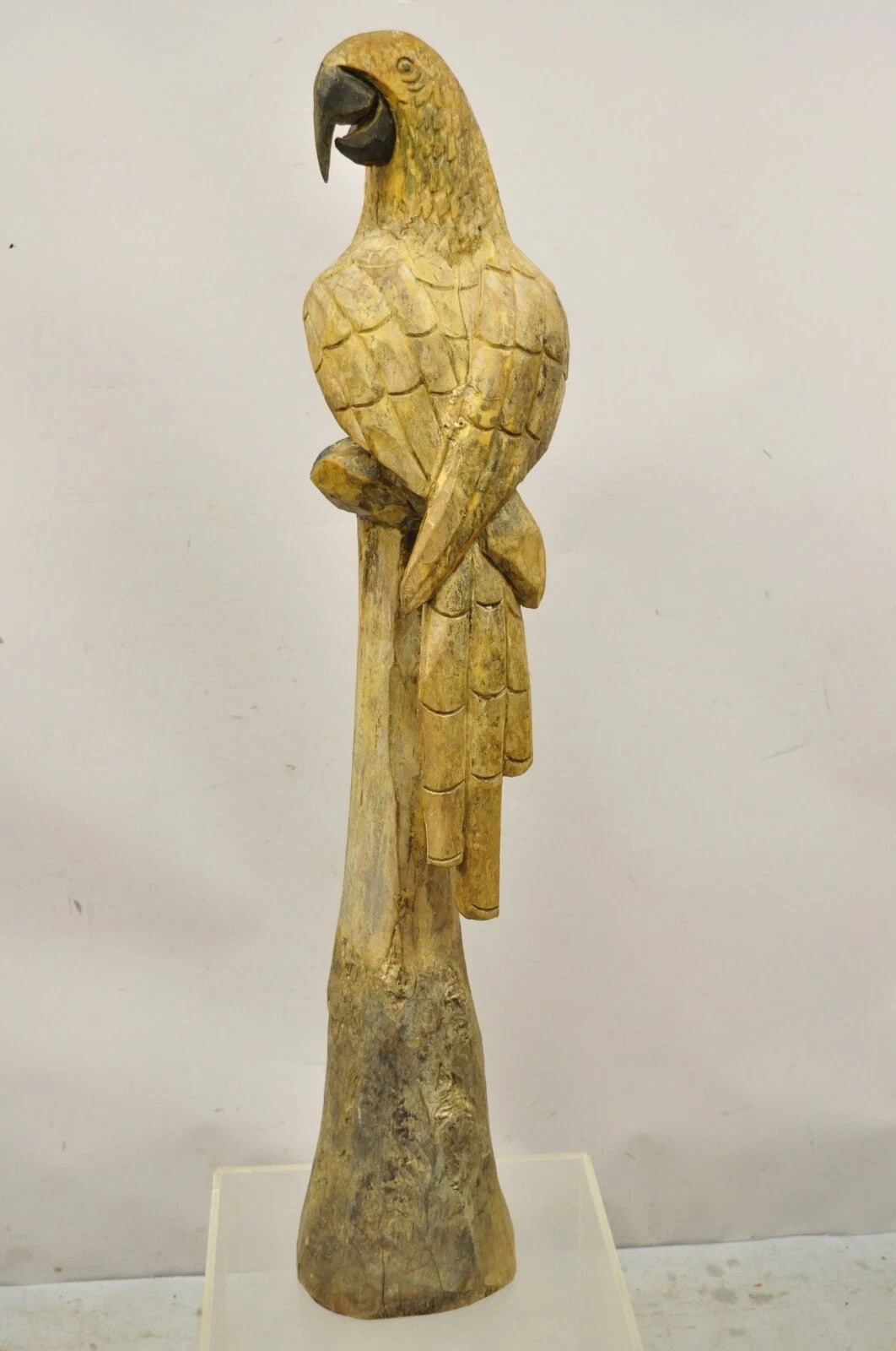 Large 46" Vintage Mid Century Carved Wood Perched Parrot Bird Statue Sculpture