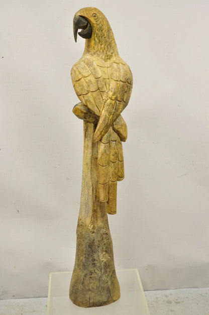 Large 46" Vintage Mid Century Carved Wood Perched Parrot Bird Statue Sculpture