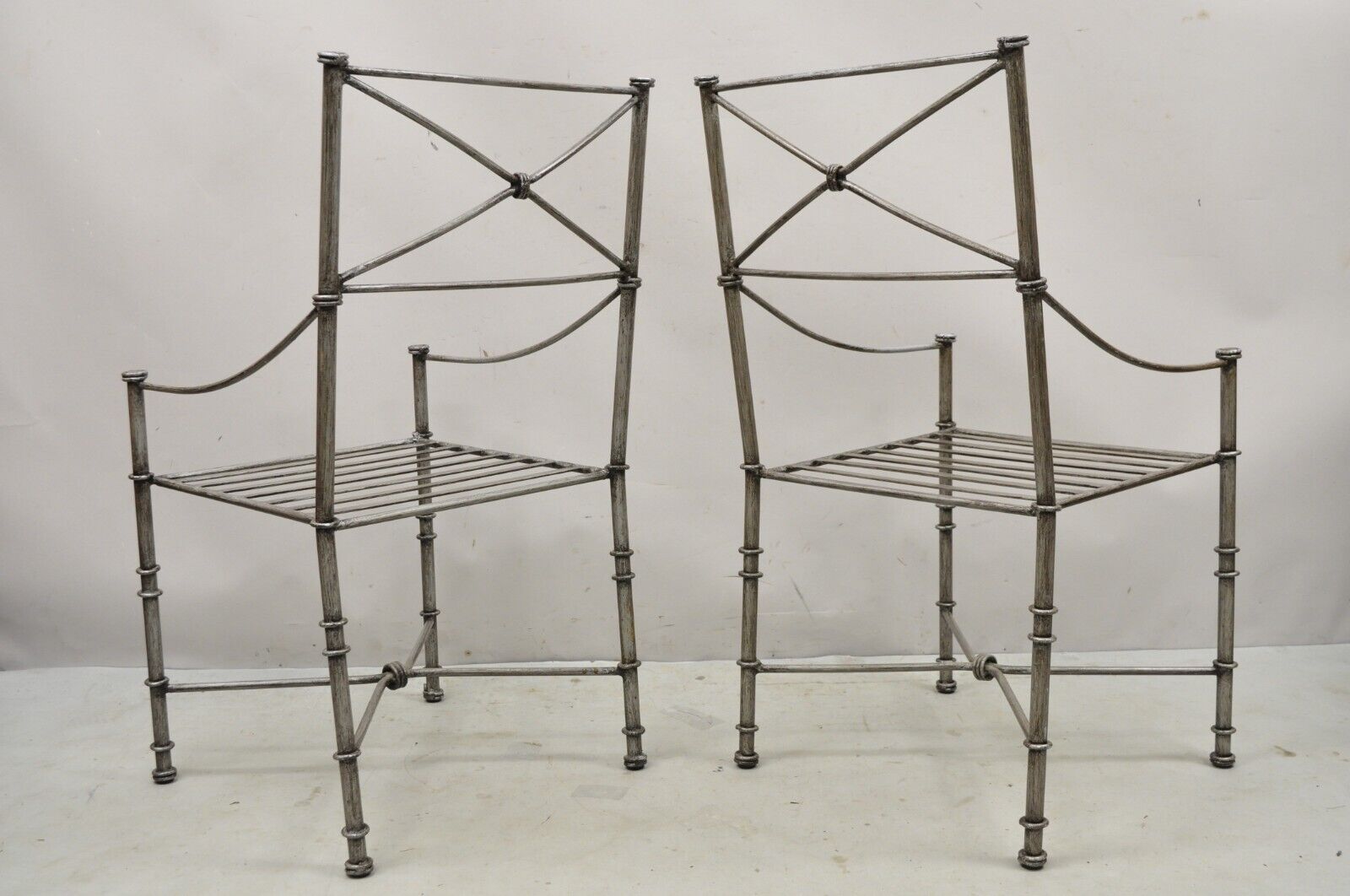 Pier 1 Medici Pewter Wrought Iron Dining Side Chairs - a Pair