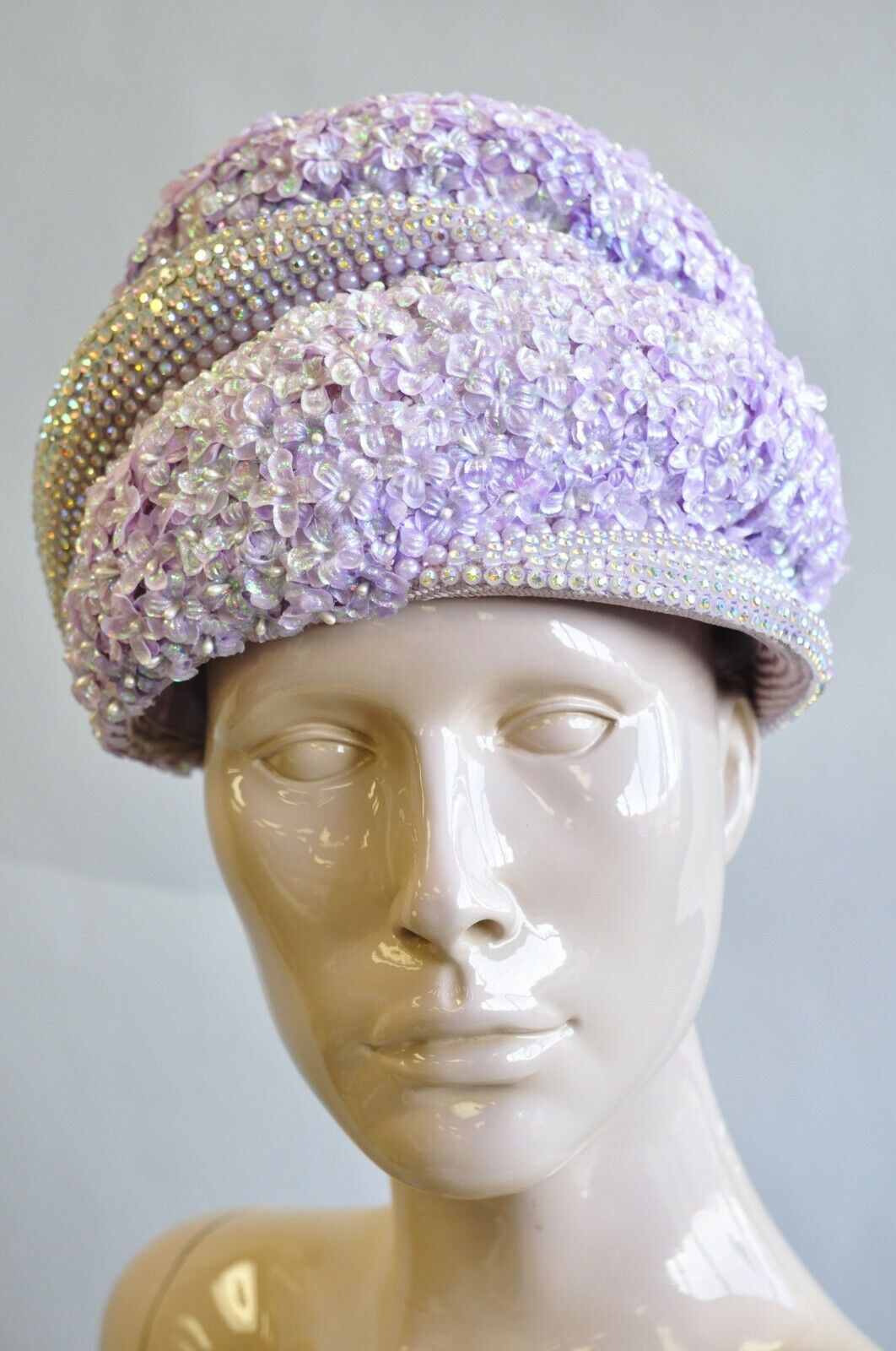 Vintage Bina Fashion Hats Purple Lavender Floral Jeweled Beaded Church Derby Hat